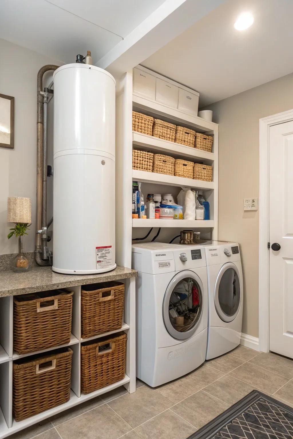Shelving units offer a dual solution by hiding your water heater and expanding storage.