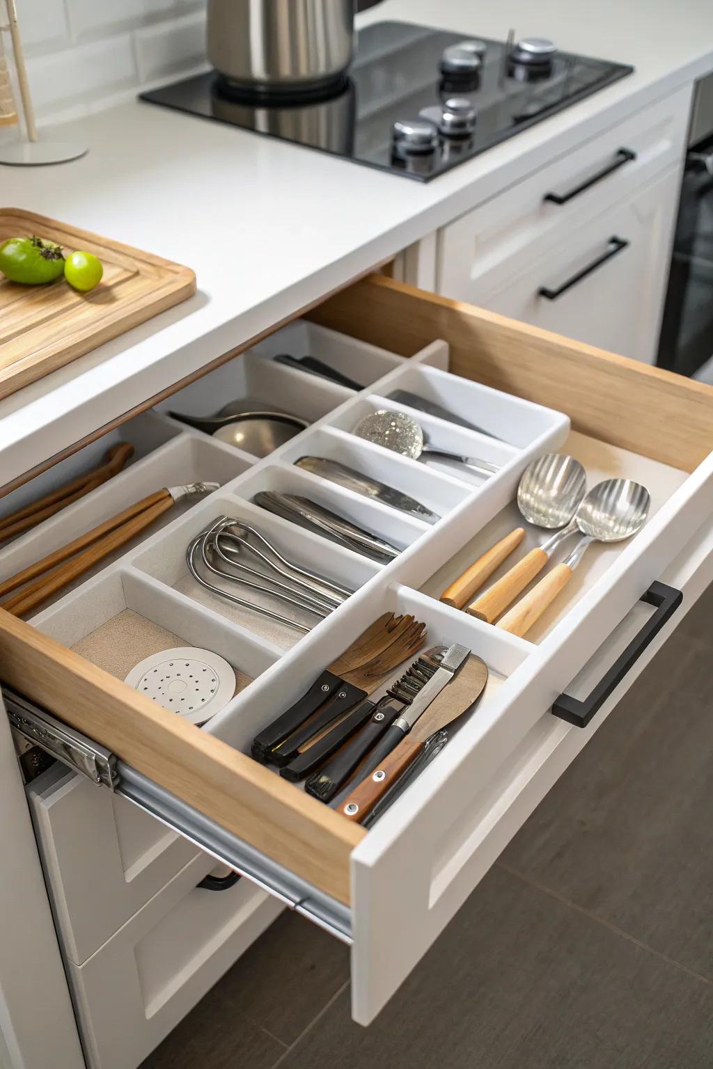 Drawer dividers establish harmony in utensil storage.