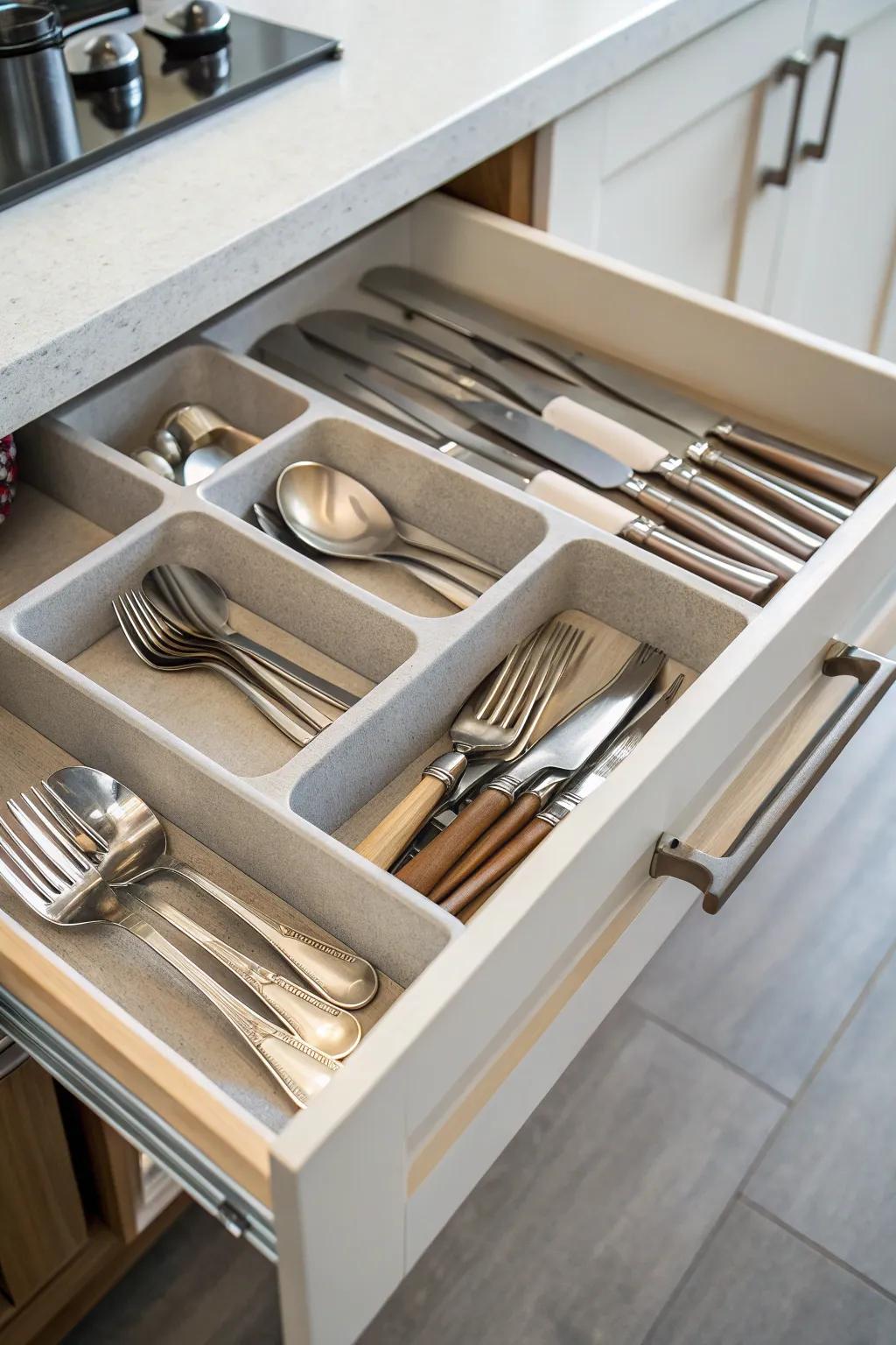 Cutlery trays offering a specific location for each utensil.