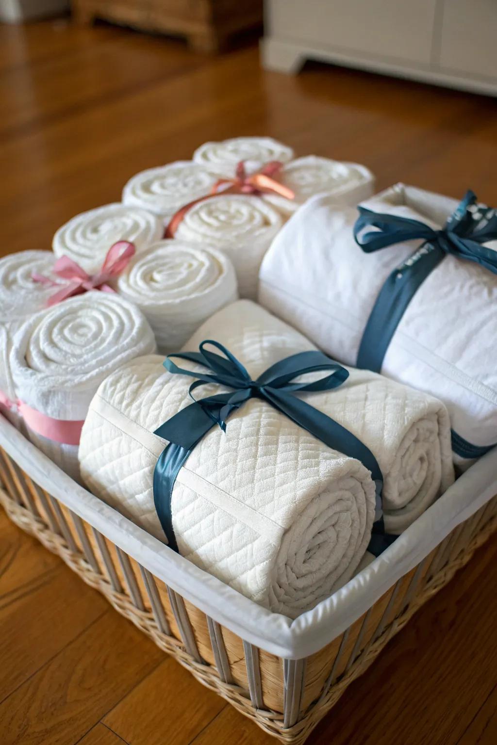Rolled comforters tied with ribbons in a decorative basket.