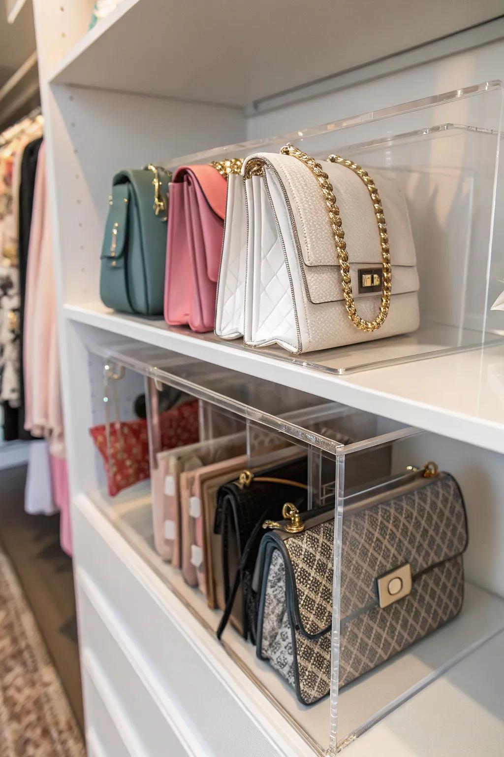 Purses neatly organized with clear acrylic dividers for a tidy, minimalist look.