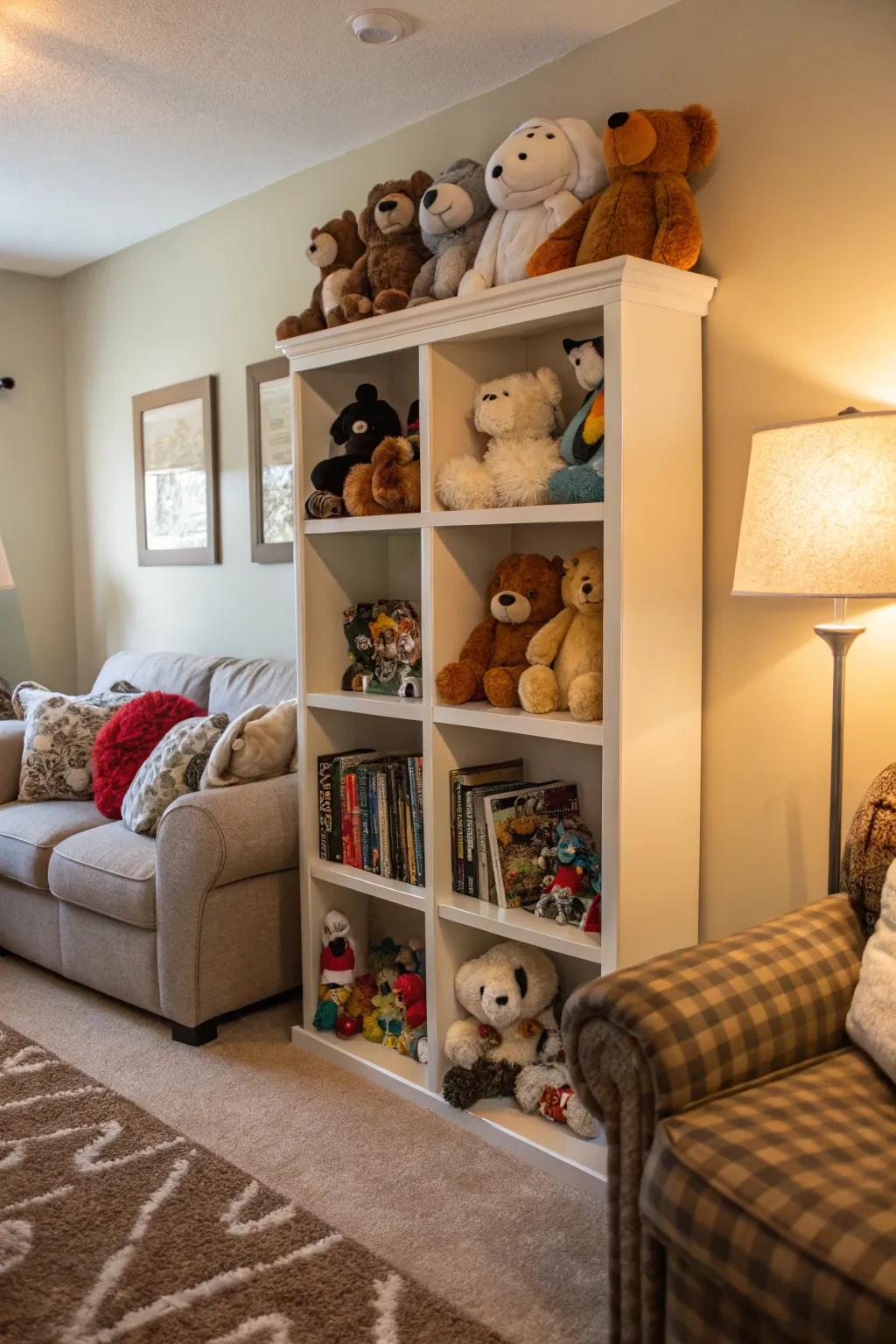 A shelving unit converts stuffed animals into an enchanting display.