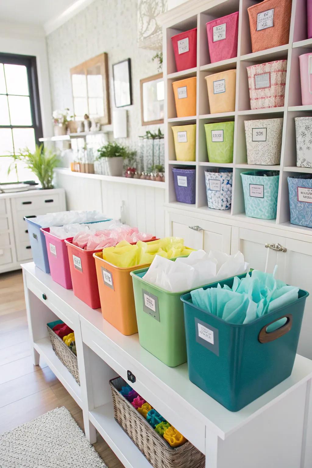Colour-sorted containers streamline tissue paper storage.