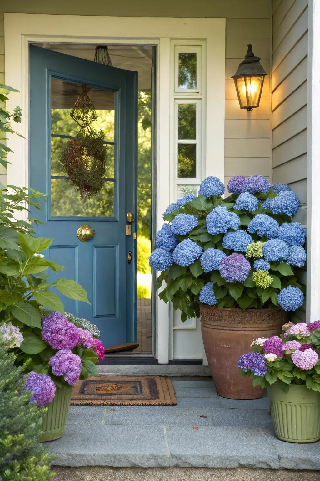 Hydrangeas in containers flanking an entrance, crafting a welcoming ambiance.