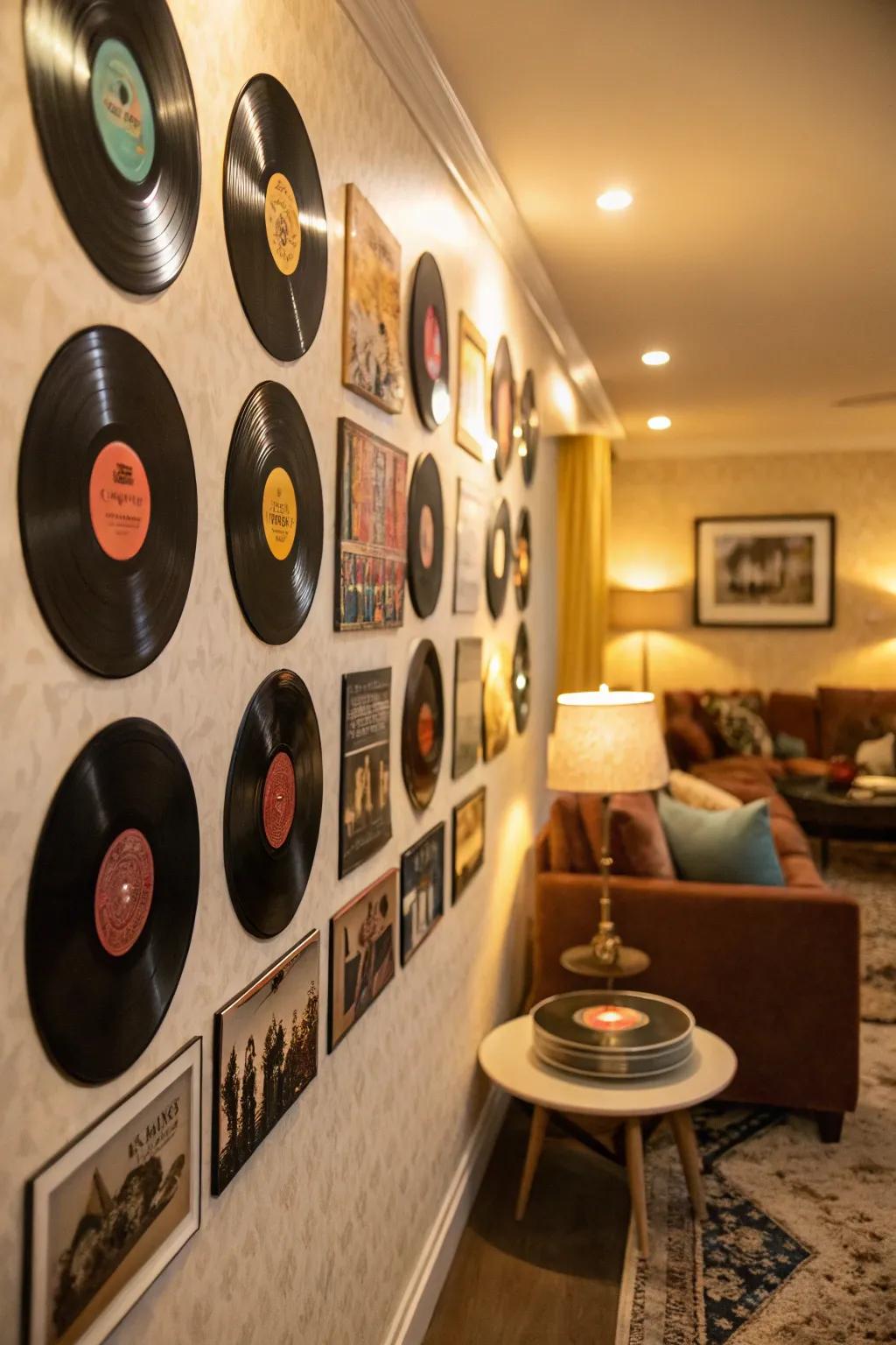 Vinyl records creatively repurposed as decorative elements.