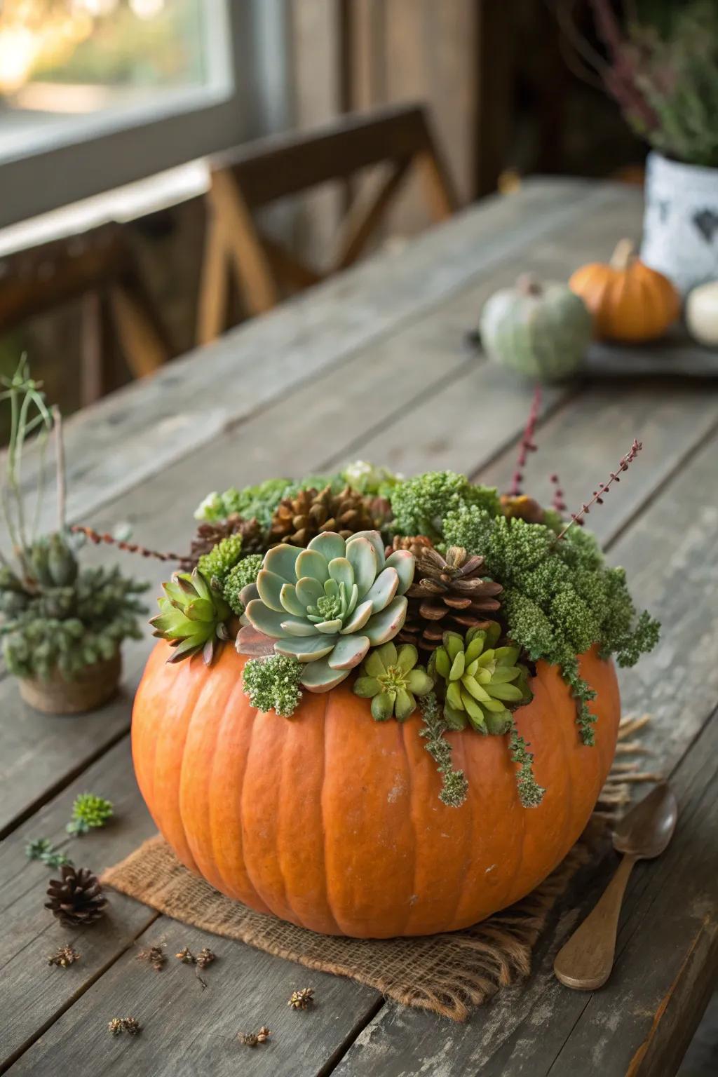 A pumpkin adorned with succulents for a vibrant and natural display.