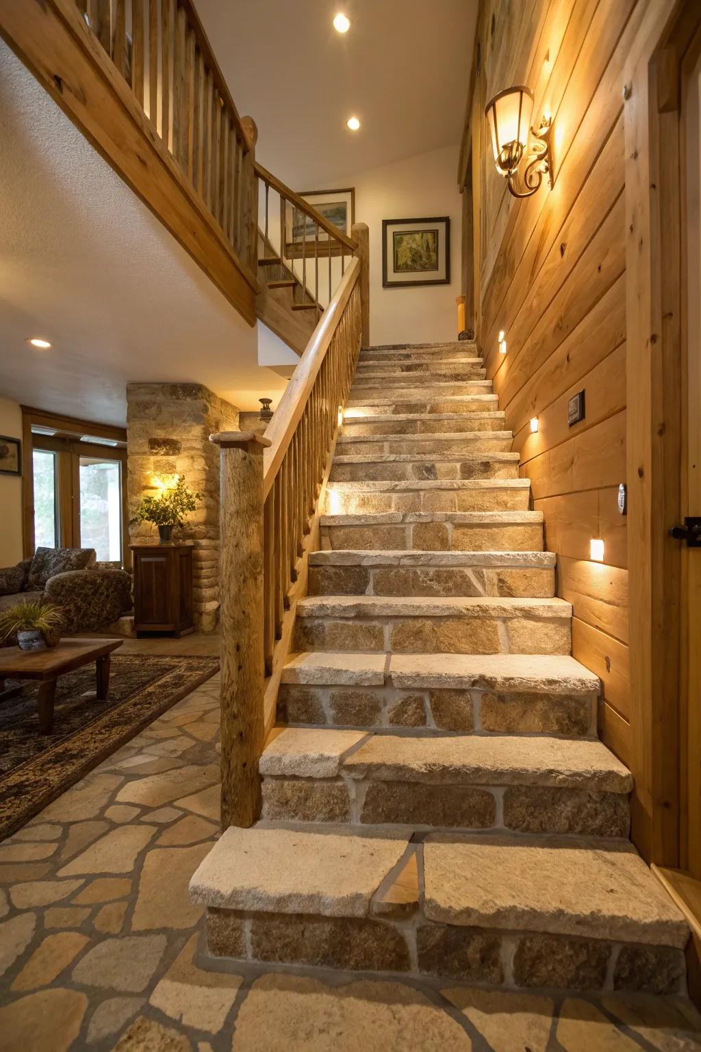 Rustic sophistication with natural stone stairs.