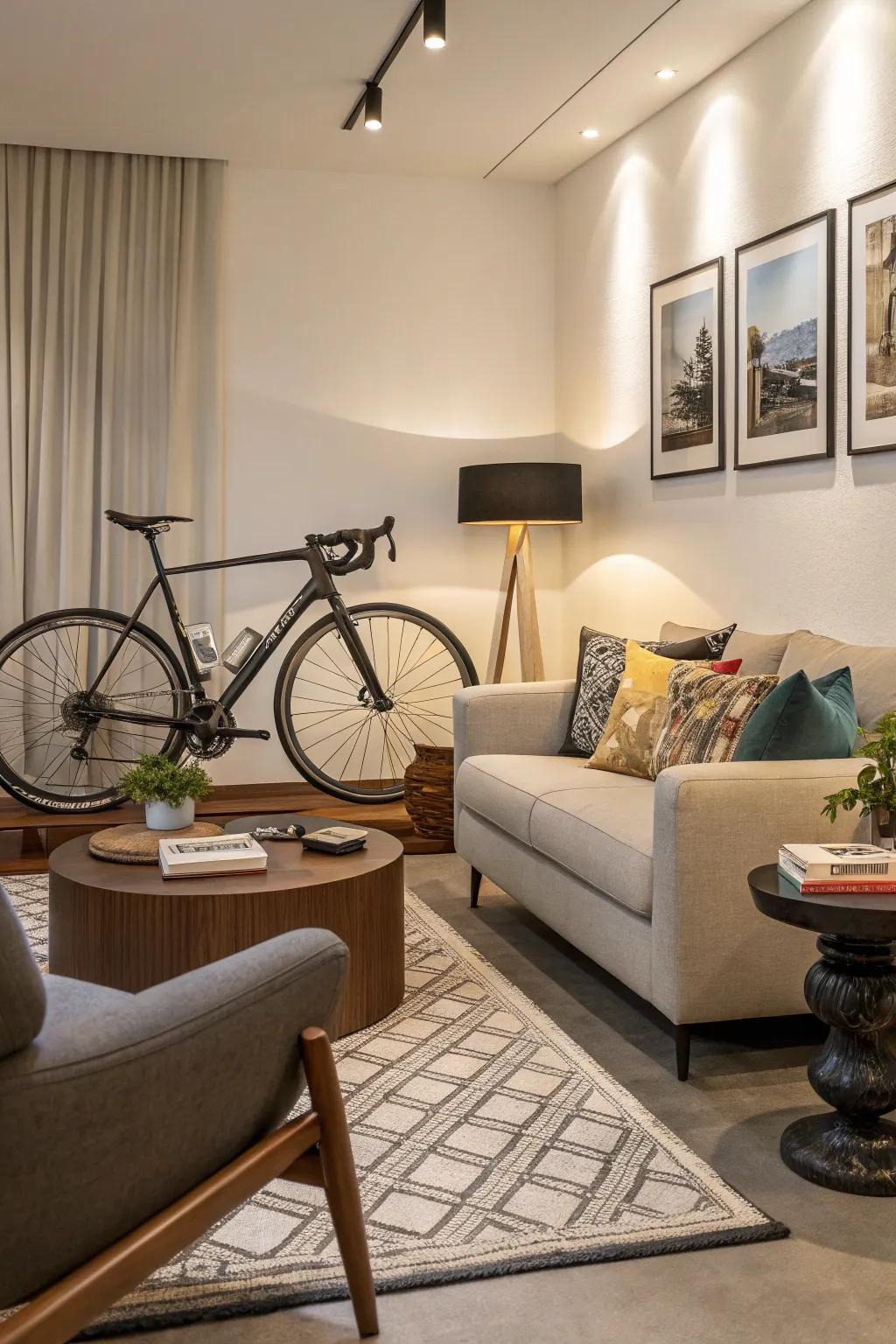 A bicycle seamlessly integrated into the room's decor.