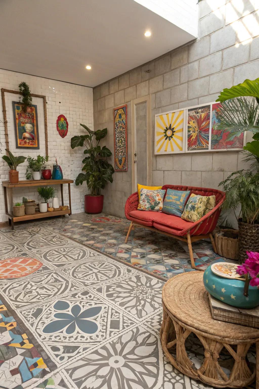 Patterned concrete pavers infuse personality and texture into a room.