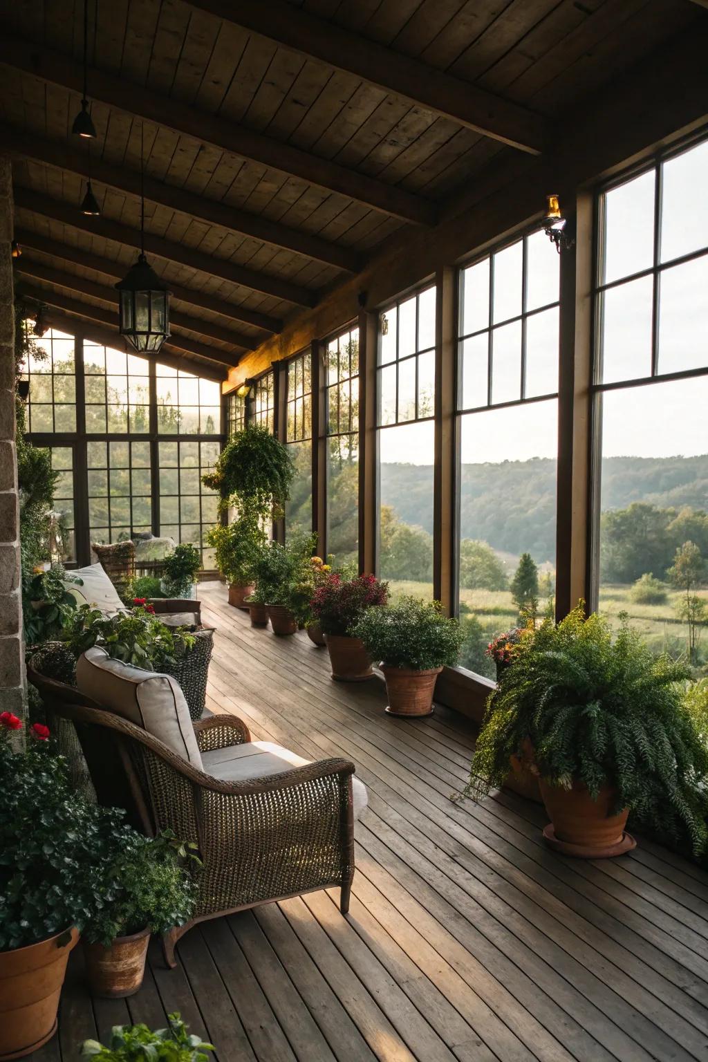 Broad windows flood this indoor deck with inherent lighting.