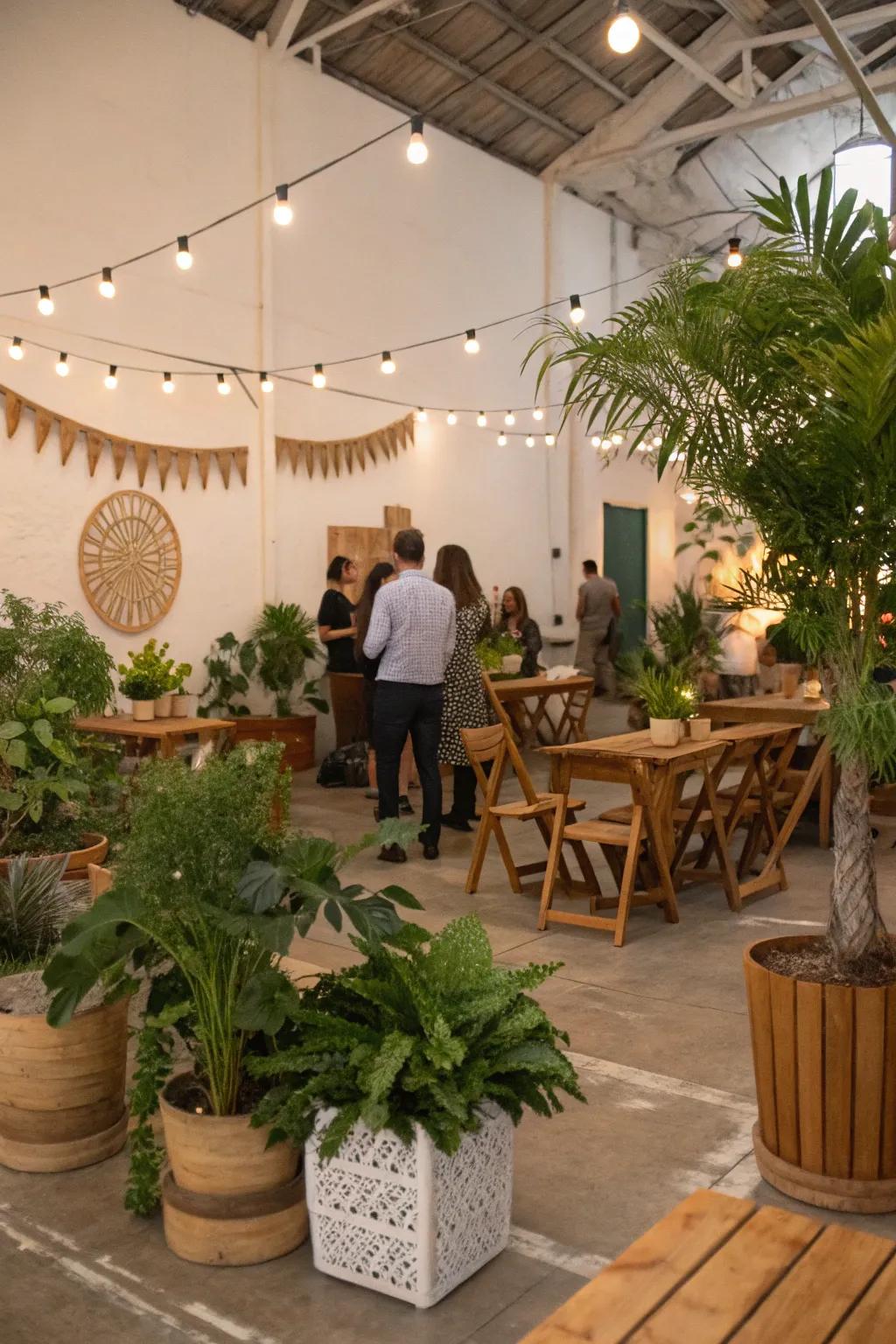A welcoming indoor celebration featuring nature-themed decorations.