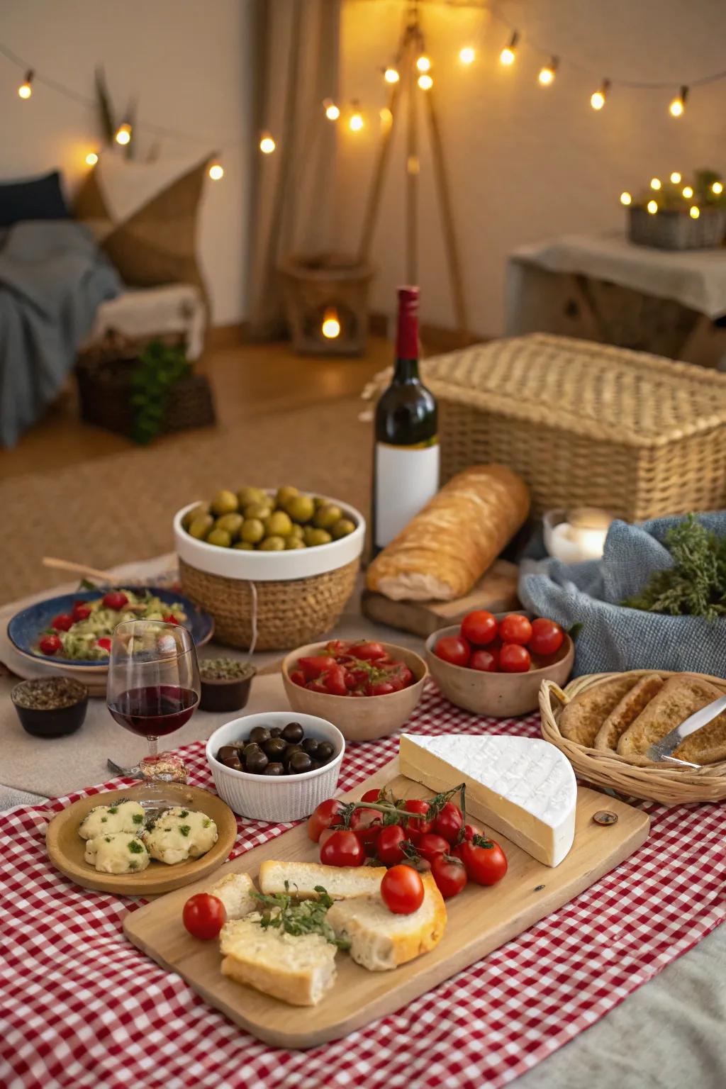A Mediterranean-themed picnic with a selection of meals and wine.