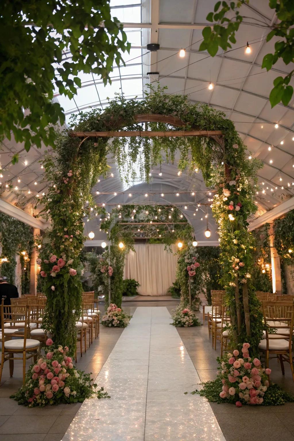 Greenery and twinkling lights combine to create a magical atmosphere.