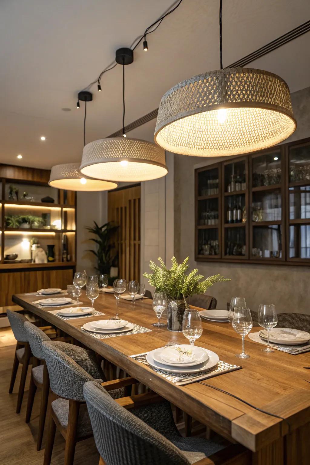 Elegant dining area illuminated by industrial high bay lighting