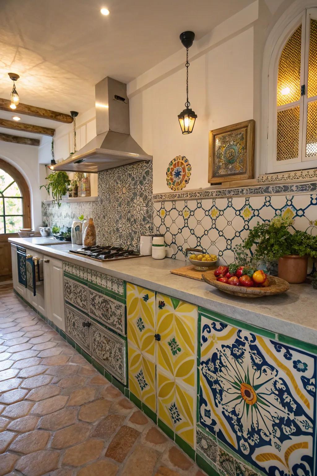 Tiled worktops contribute a burst of color and pattern to your kitchen space.