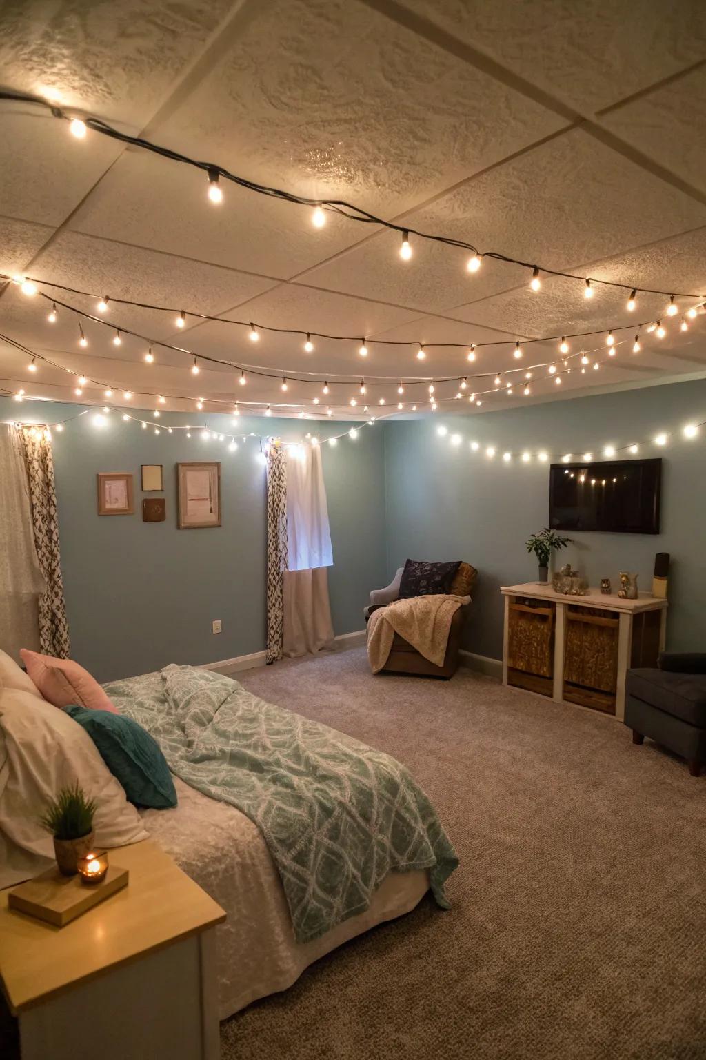 String lights create a comfy atmosphere in your basement.