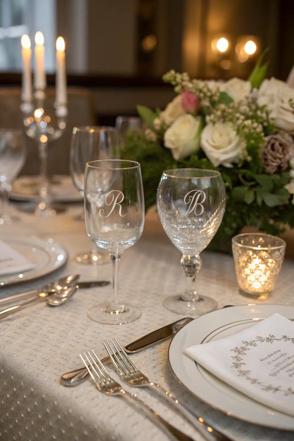 Refined touch with engraved initials on glassware.