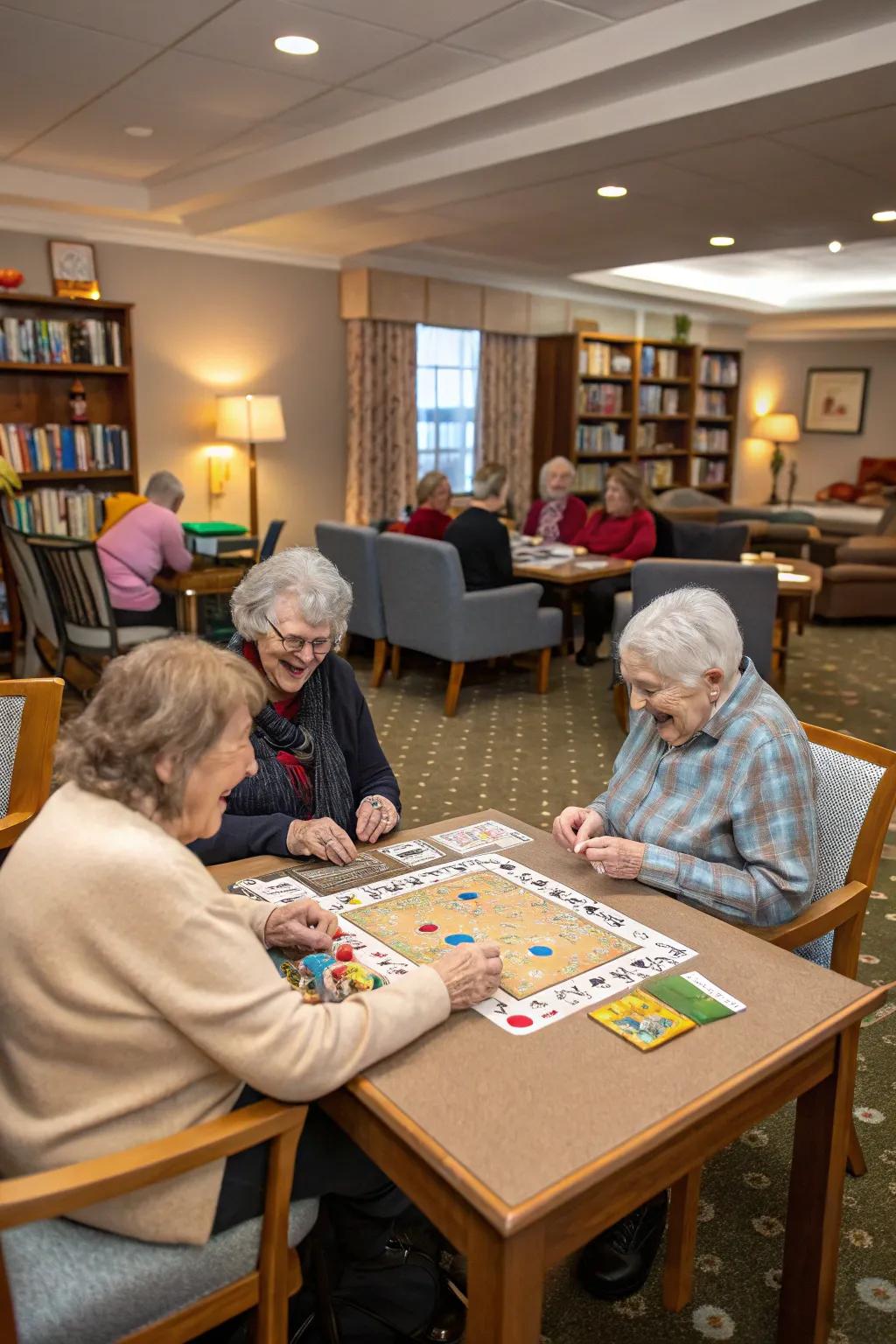 Interactive game zones that encourage mingling and mental stimulation.