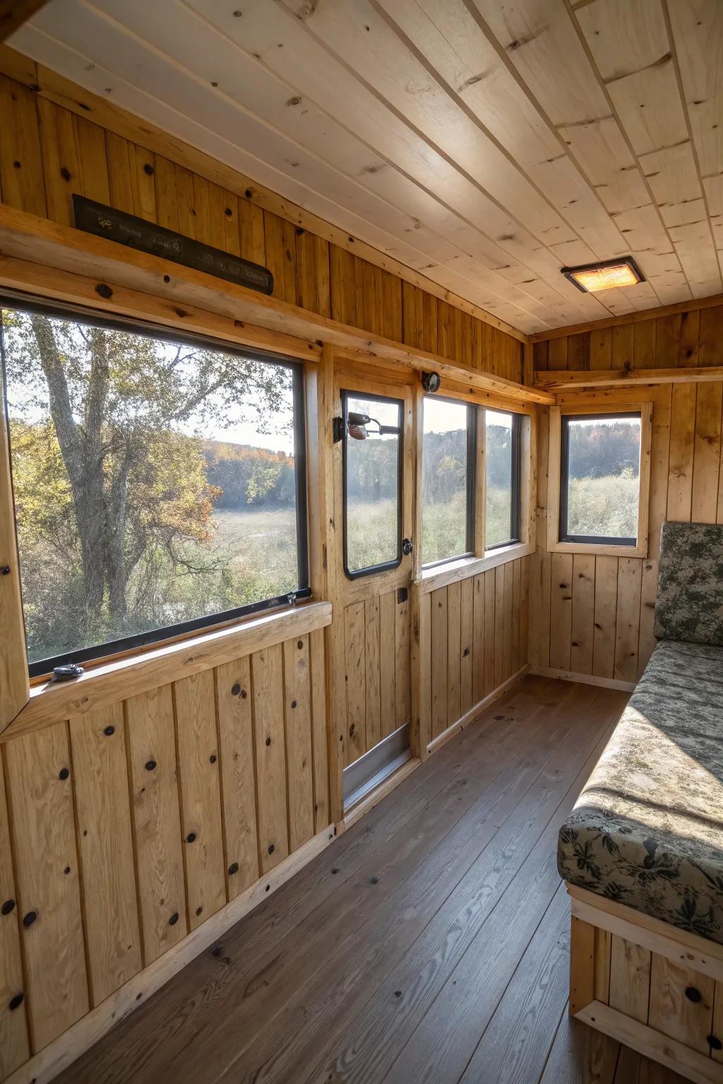 Wood paneling provides added insulation and a rustic feel.