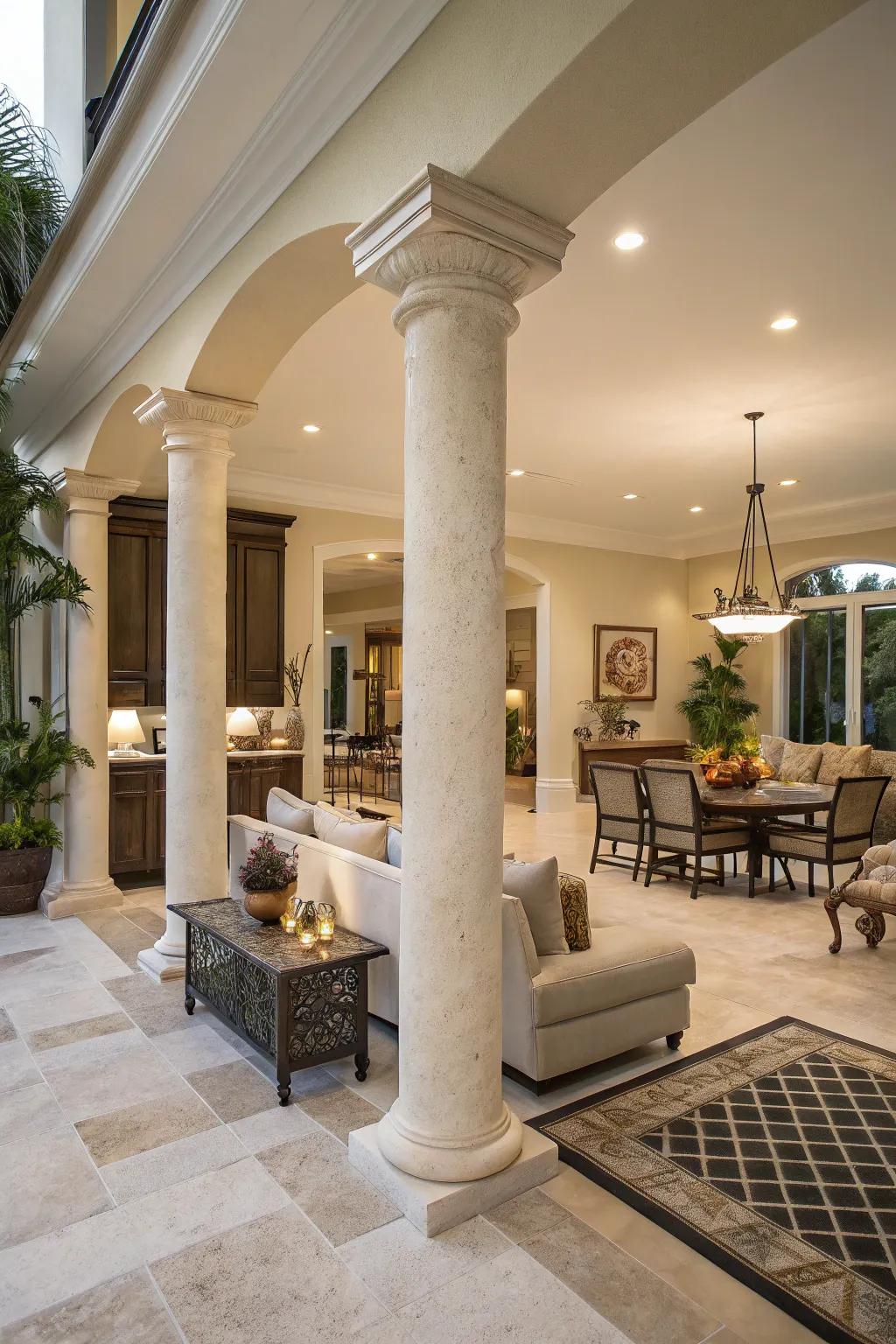 Columns stylishly separate open-plan areas.