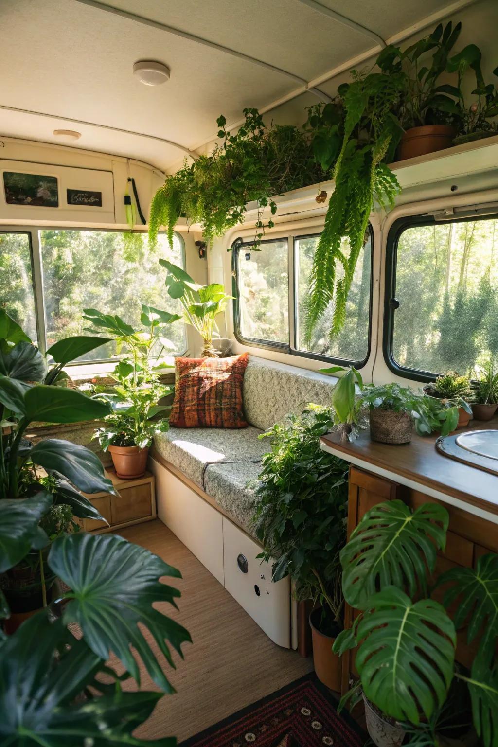Natural components such as plants and light amplify the camper's atmosphere.