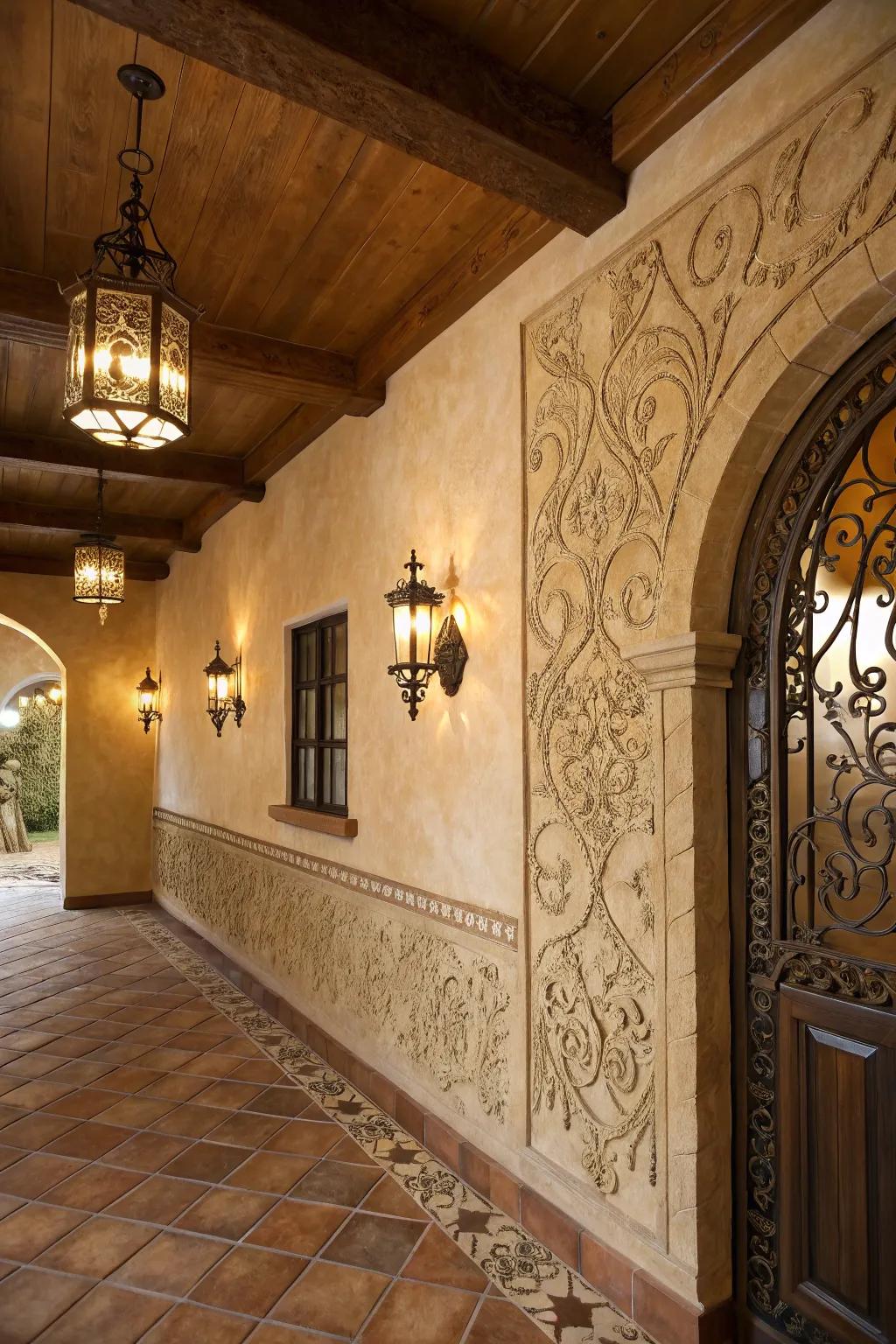 Walls textured with plaster imbue depth and character to the space.