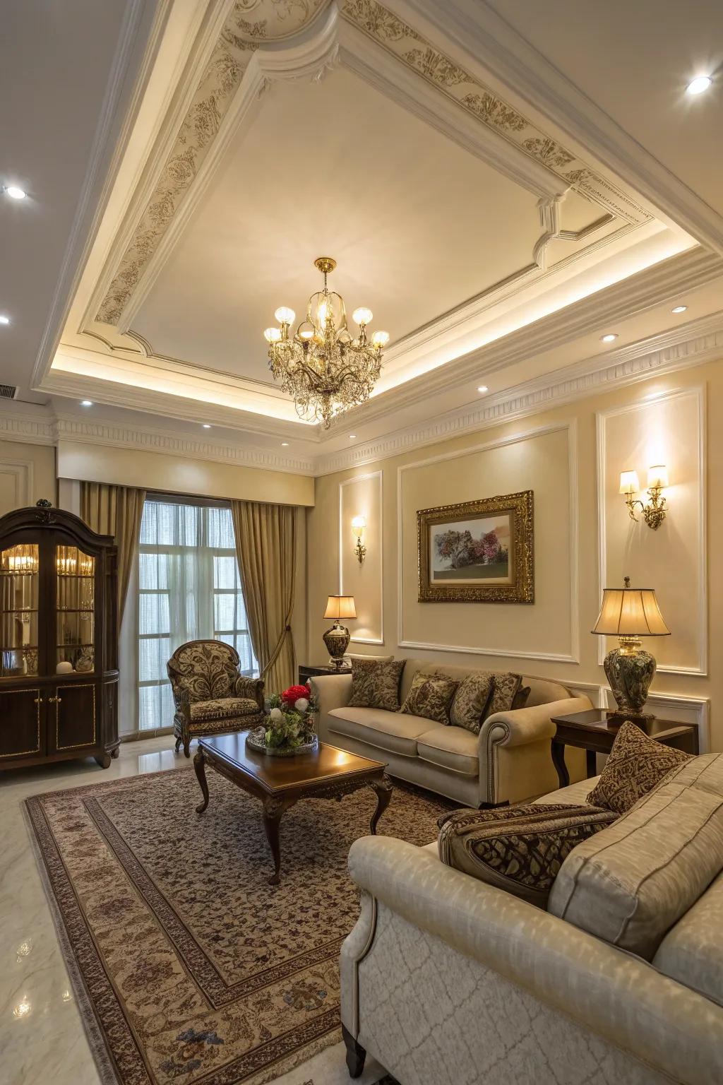 A luxurious living room highlighted by refined crown molding.