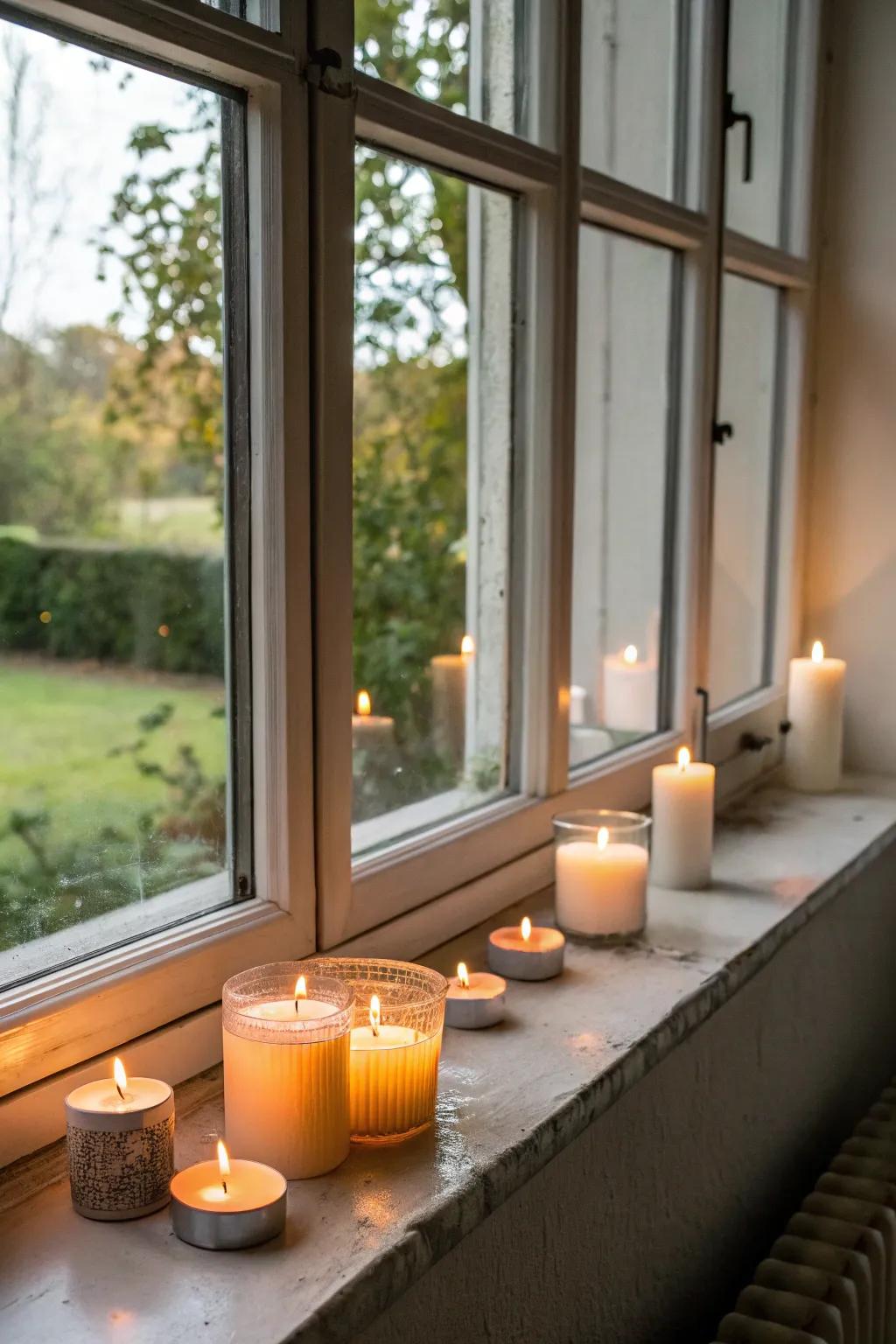 Candles cast a gentle, welcoming luminescence on a thoughtfully styled sill.