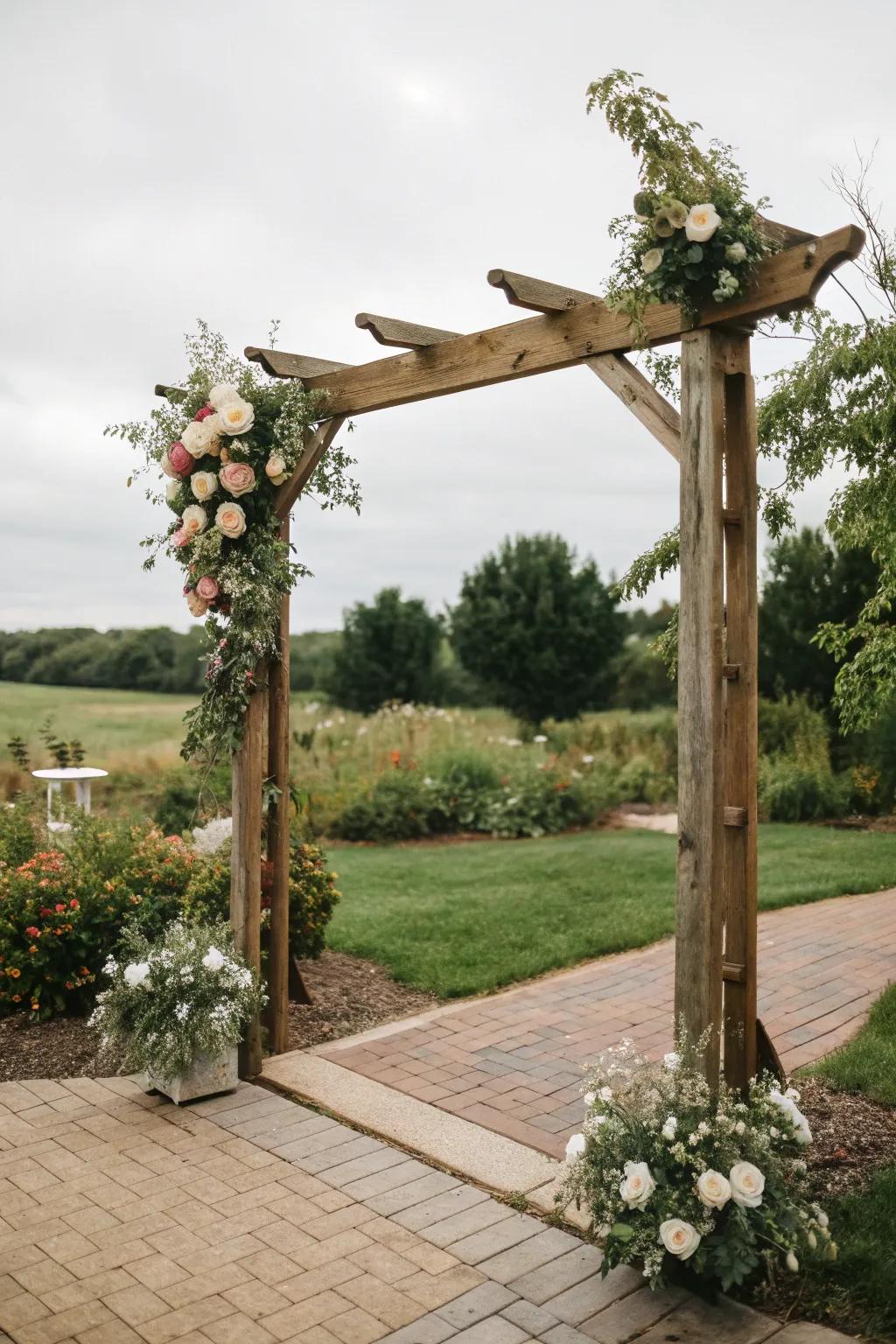 A rustic timber portal enhanced with blossoms establishes a charming scene.