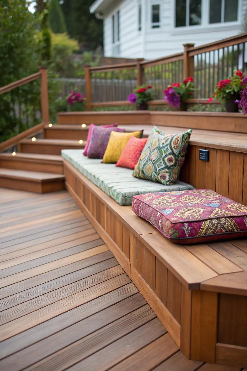 Integrated seating enhances comfort and design on your deck.