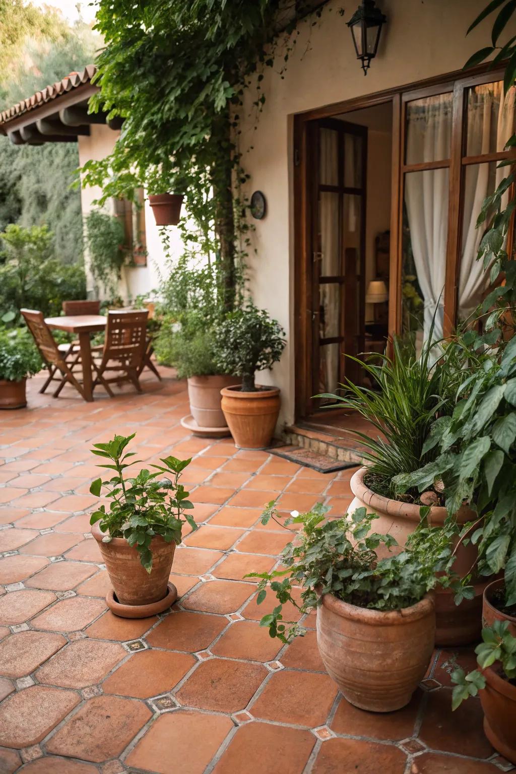Terracotta pavers give warmth and personality to a patio in the Italian style.