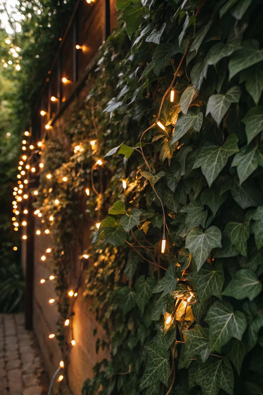 A magical combination of ivy and string lights creating a warm and inviting atmosphere.