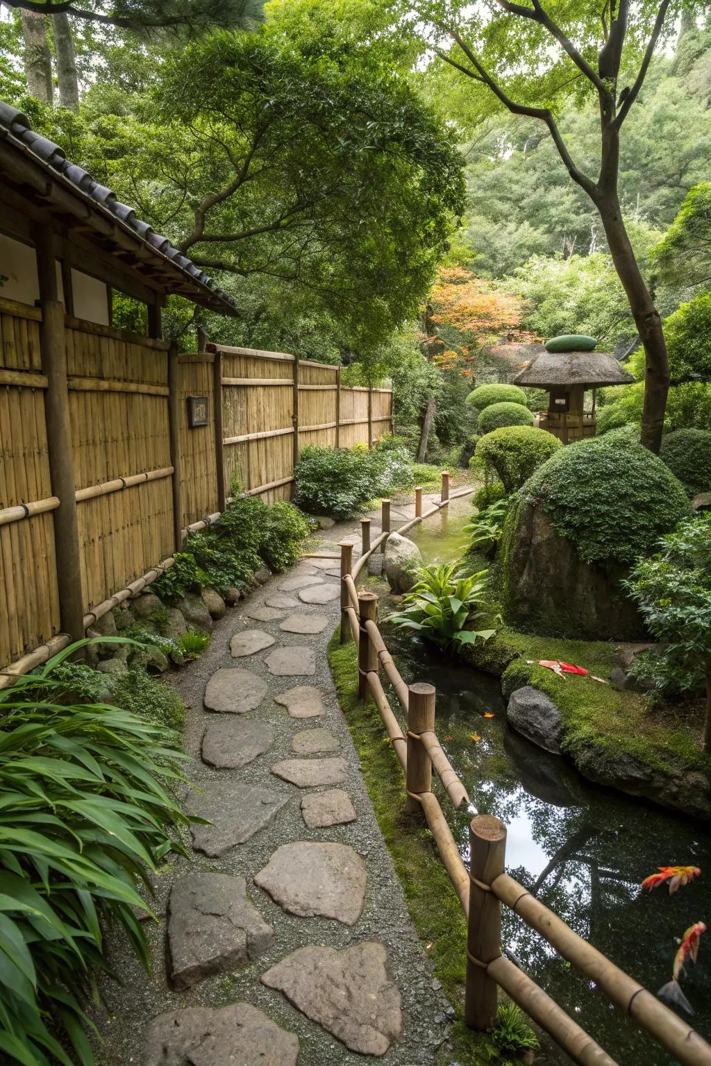 Bamboo borders imparting framework and seclusion to a Japanese garden.