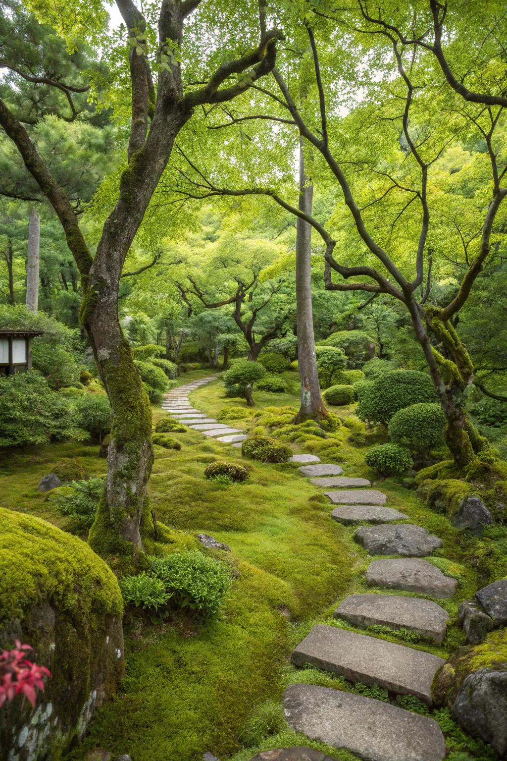 A flourishing Japanese garden featuring many trees and moss.