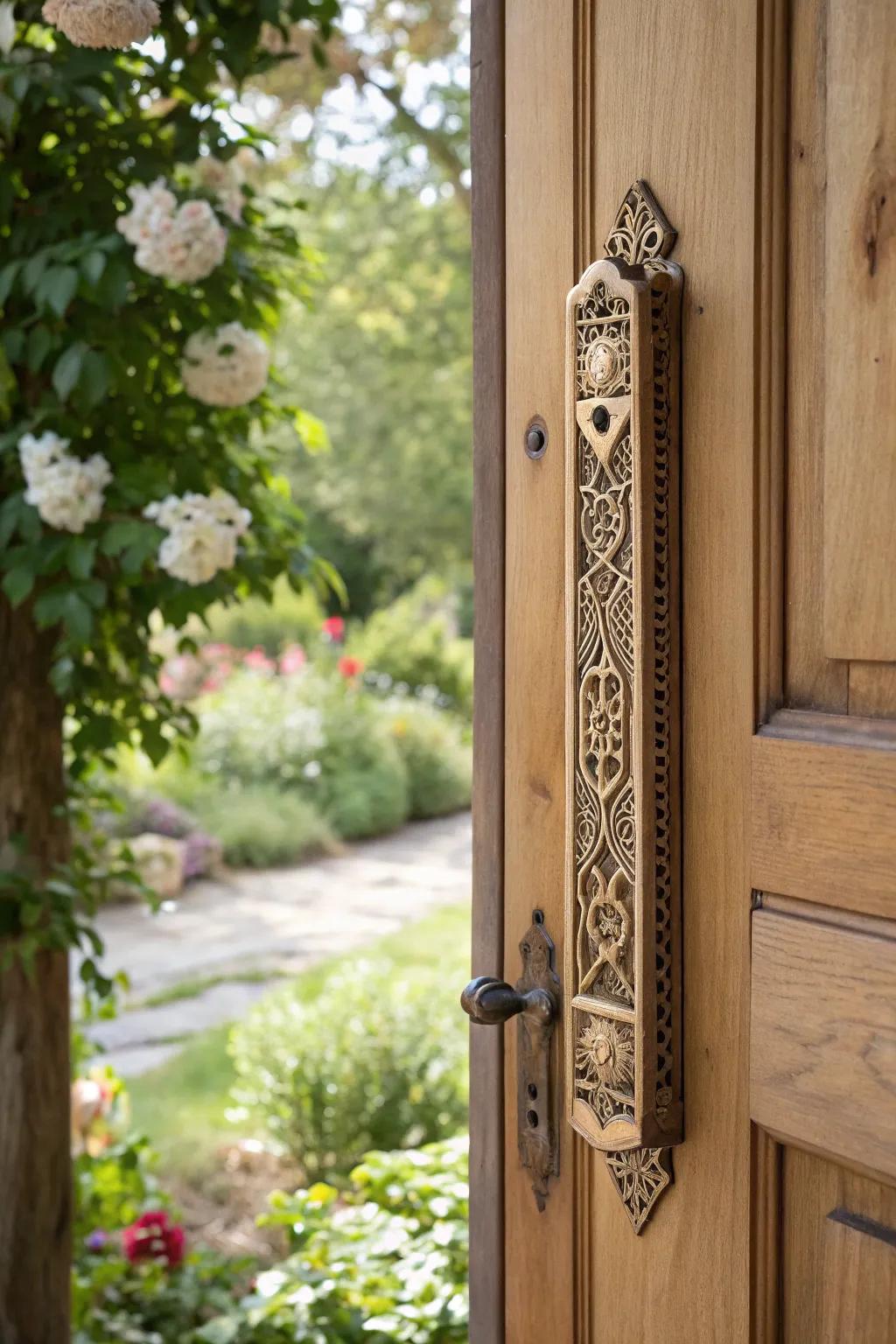 A refined mezuzah case adorning a home's entrance.