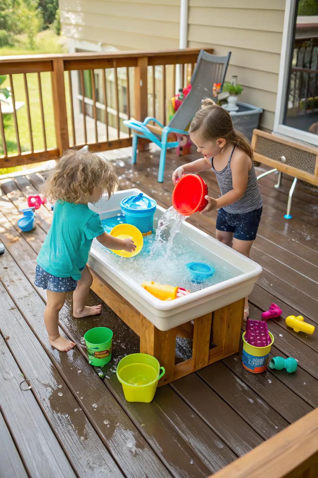 A deck featuring a water activity table where children are happily splashing, surrounded by aquatic toys.