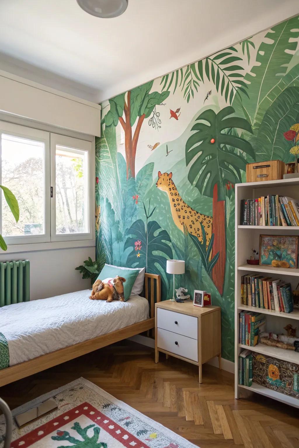 A wall mural transports children to a world of imagination.