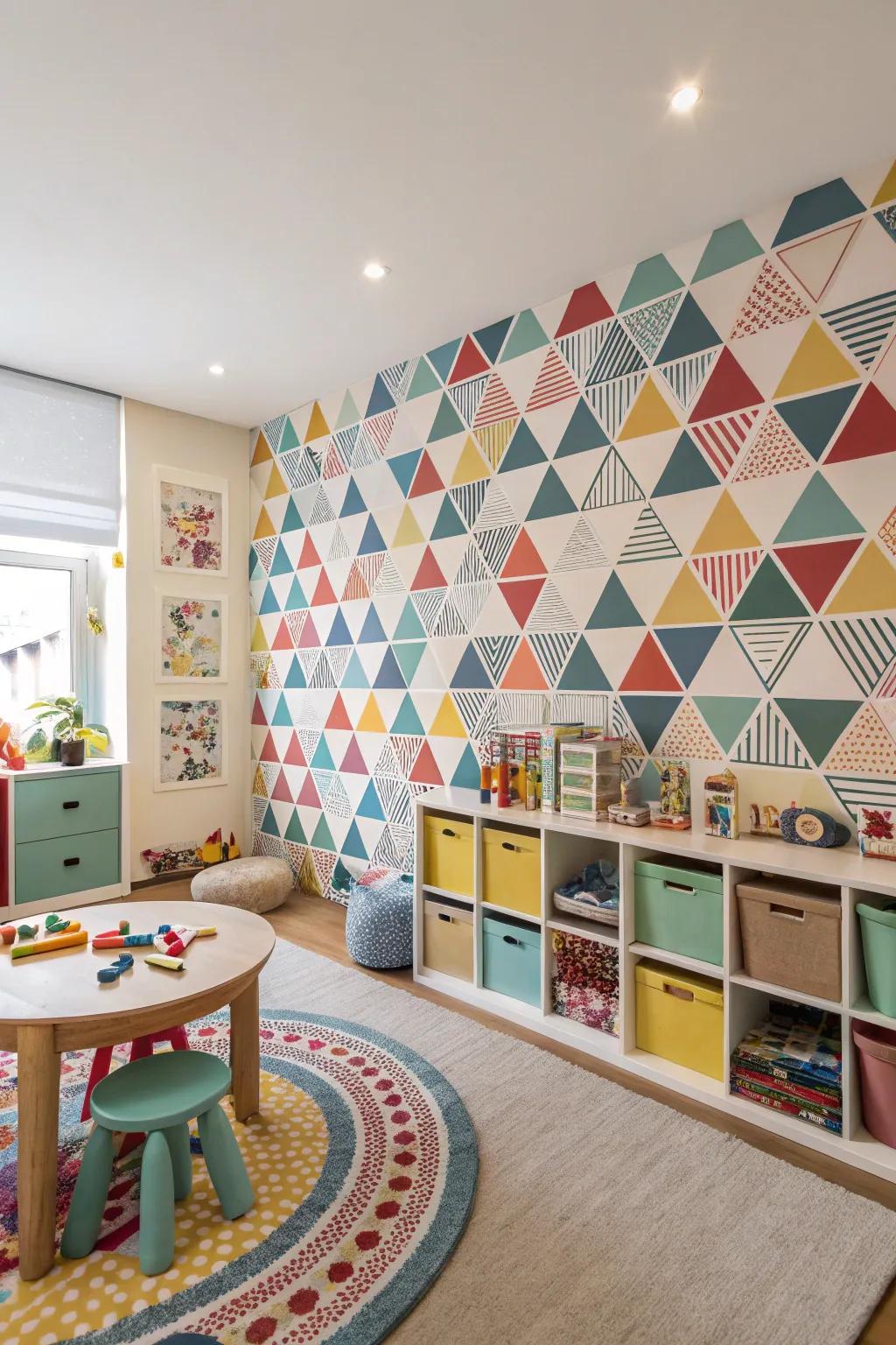 A playroom featuring geometric patterned wall covering, adding a touch of modern flair.