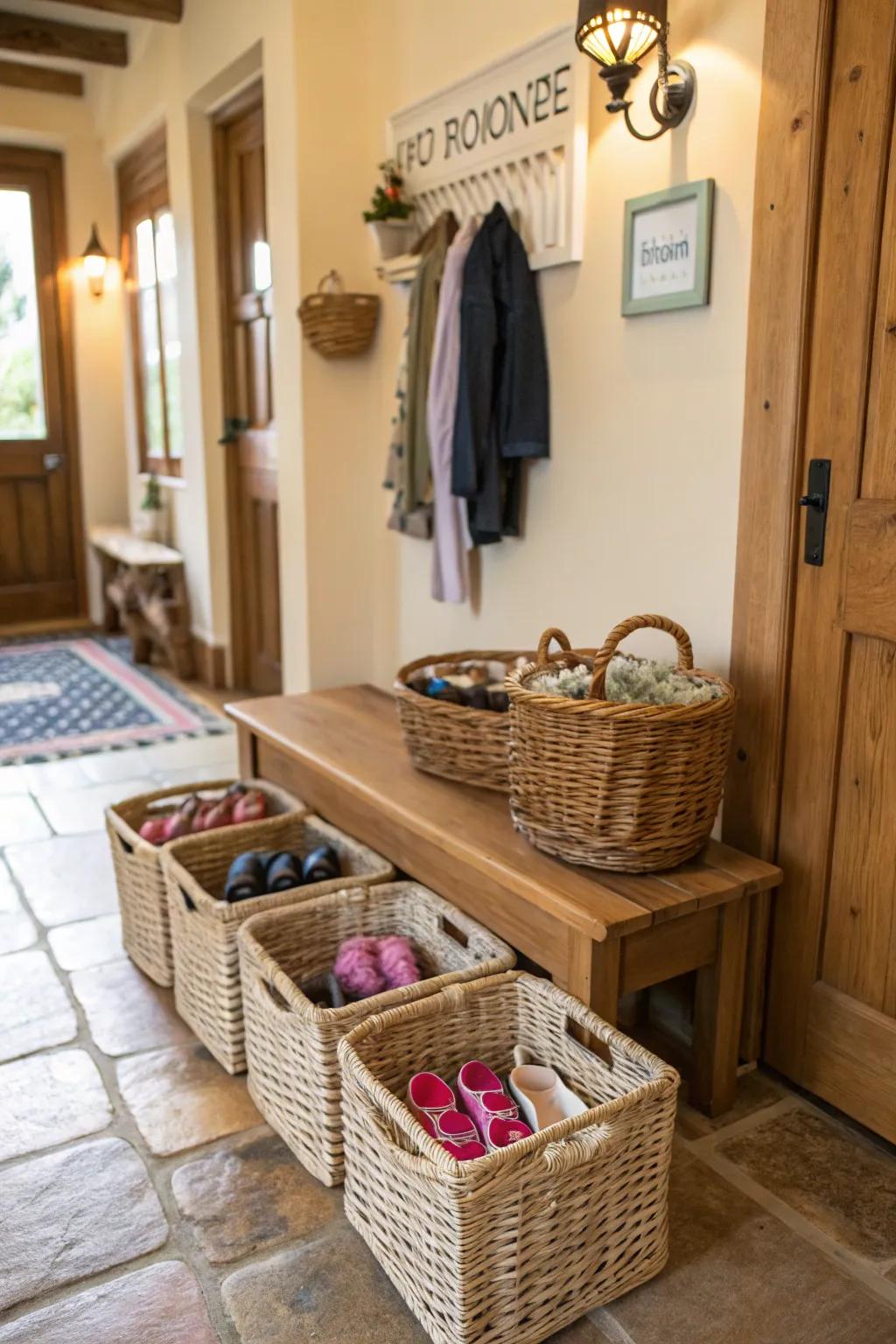 Effortlessly store shoes with labeled bins and baskets.