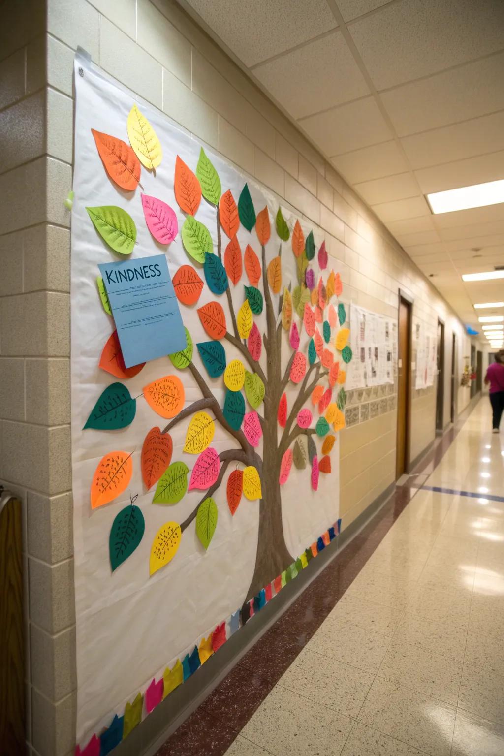 A hallway showcases a kindness plant bulletin board with bright foliage highlighting acts of kindness.