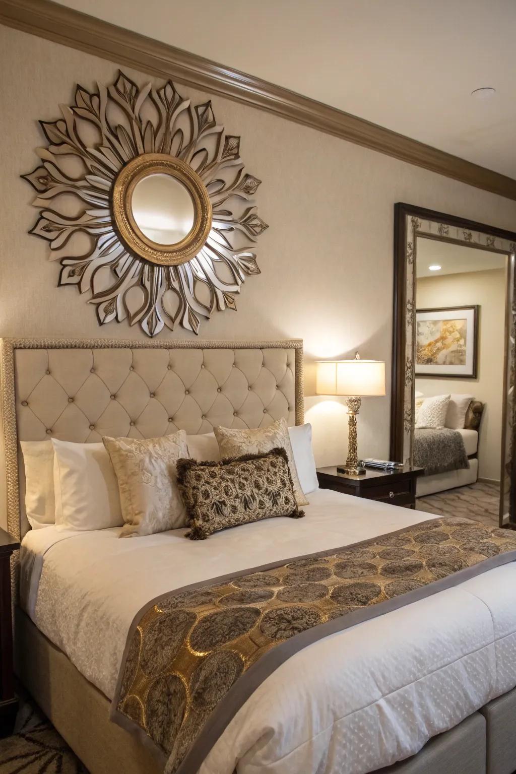 Creative wall decor enriches the visual allure of this king-sized bed.
