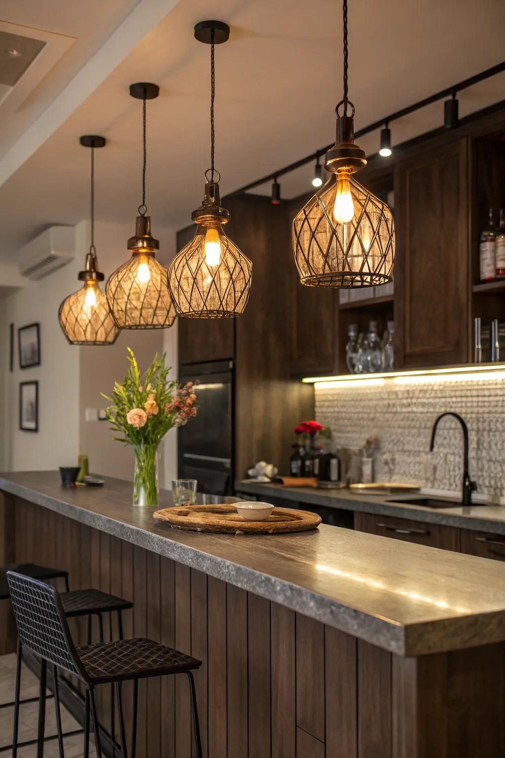 Chic hanging fixtures add a warm glow to the kitchen bar.