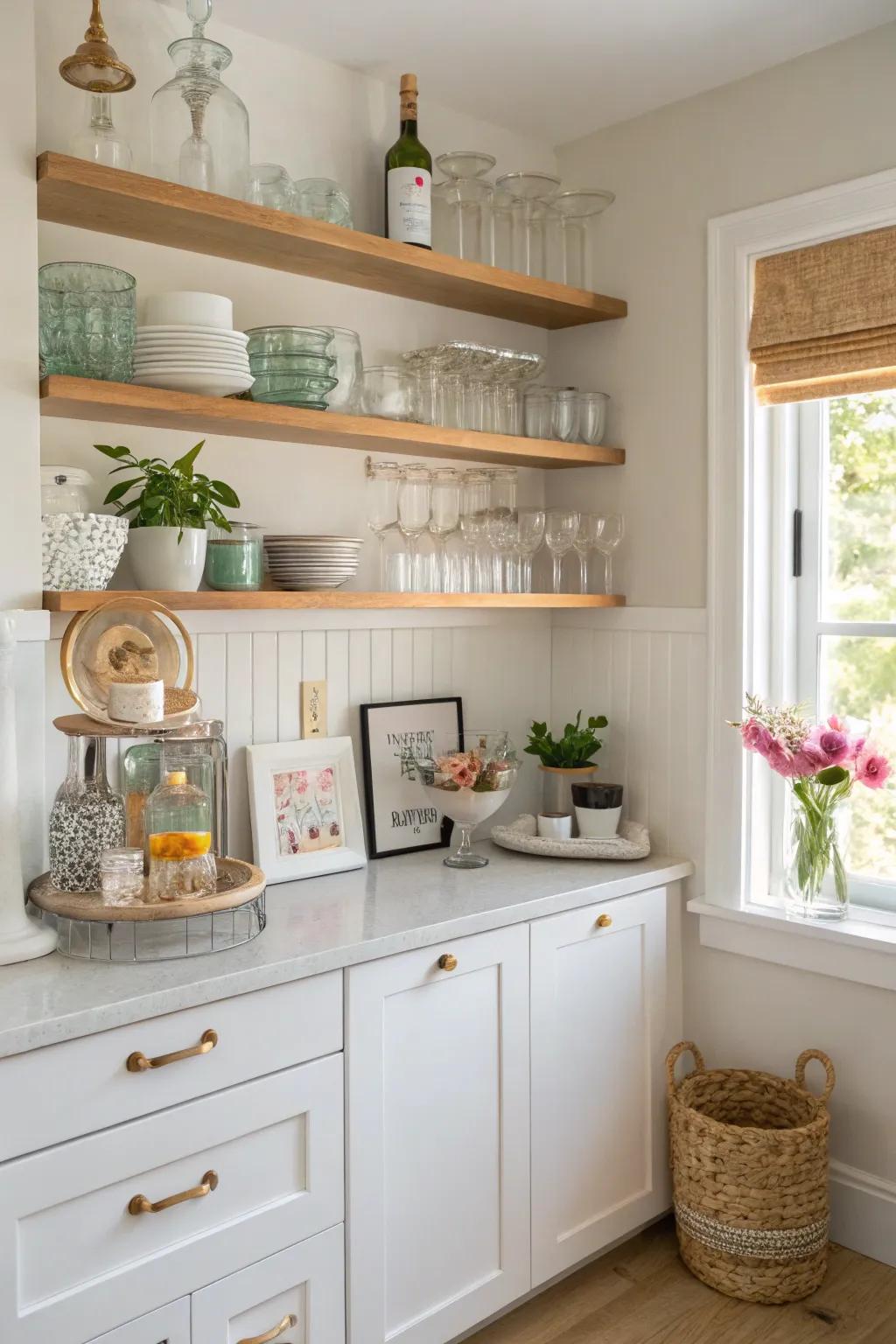 Open shelving adds style and storage capabilities to small kitchen bars.