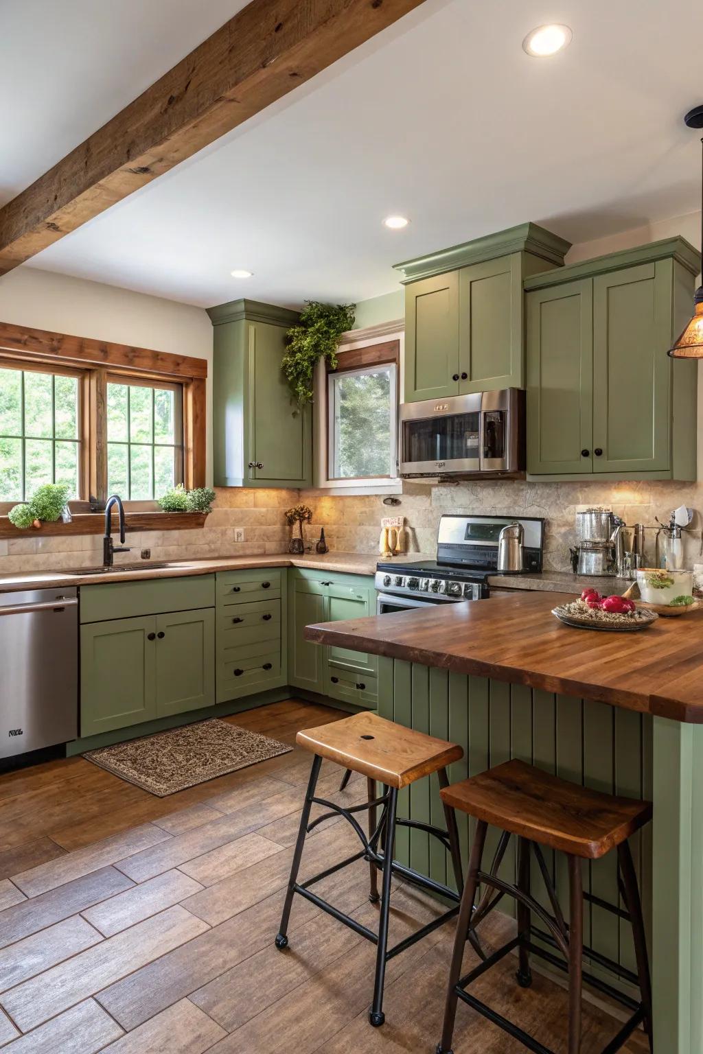 Green cabinets offer a grounded, comforting kitchen mood.