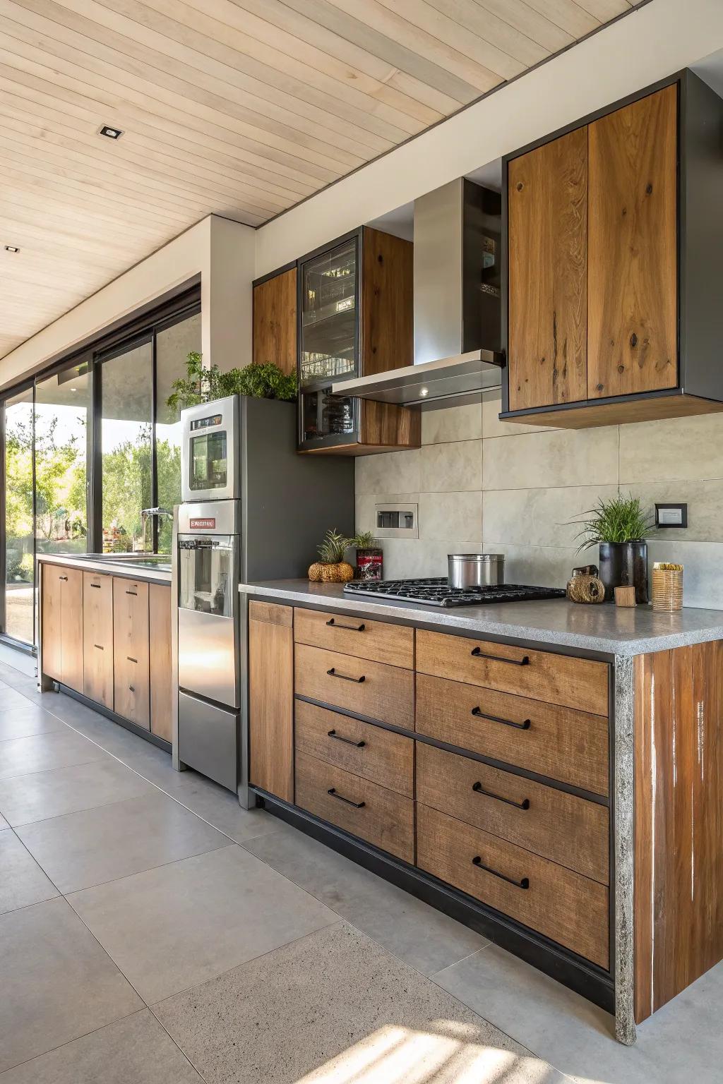 Blending resources within shelf finishes yields a dynamic and textured cooking area layout.
