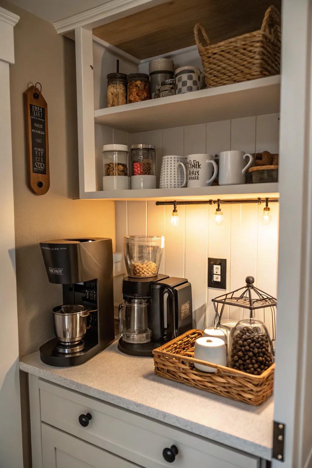 A small yet effective coffee station in a compact kitchen space.