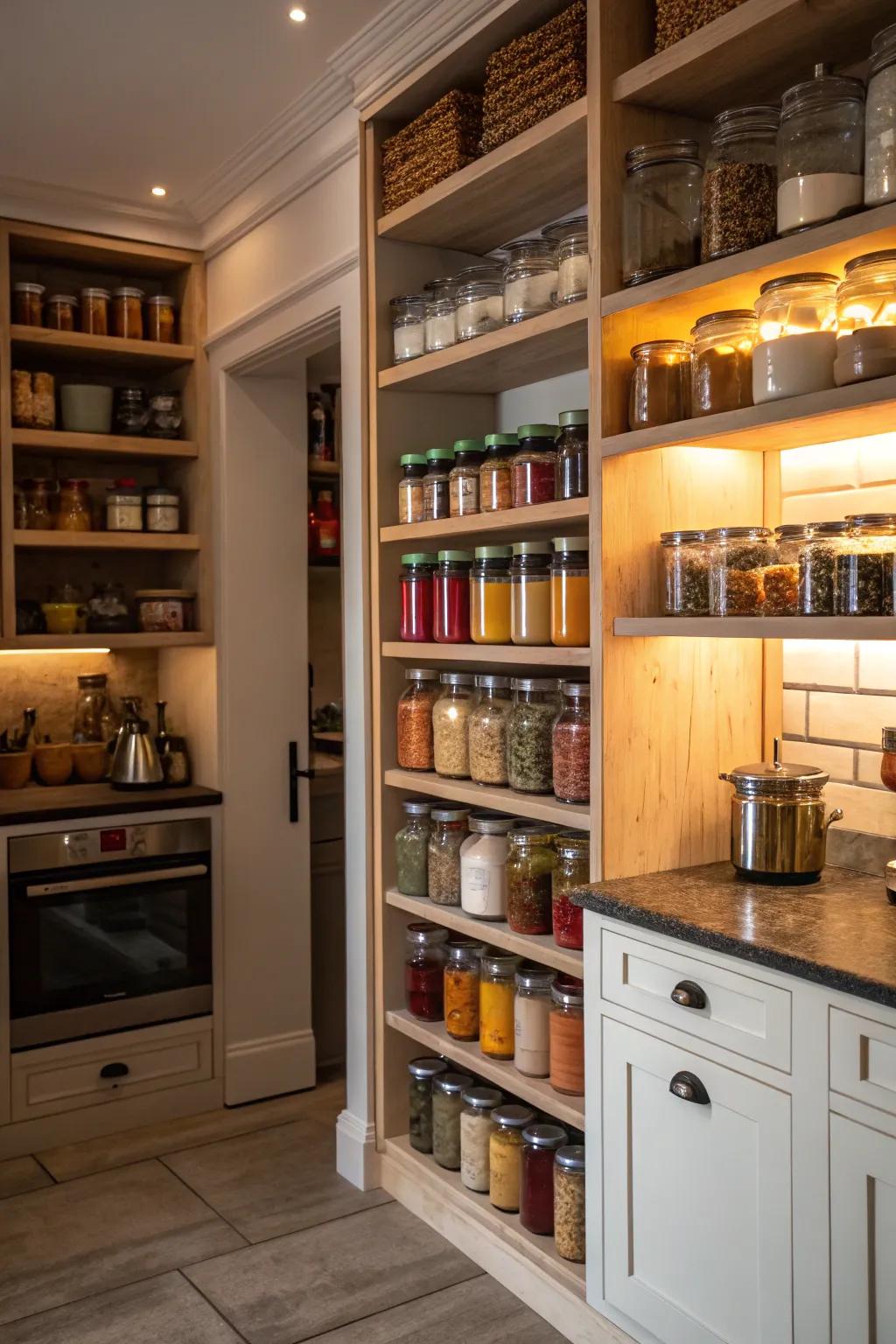 A corner food storage area maximizes storage with vertical space.