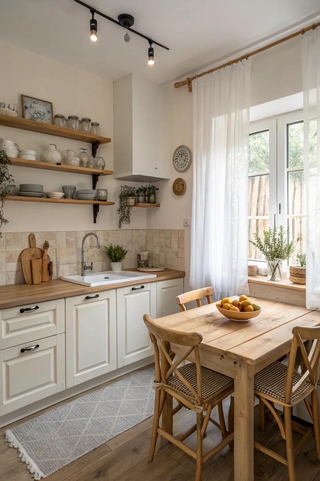 A small kitchen can appear larger with light colors.
