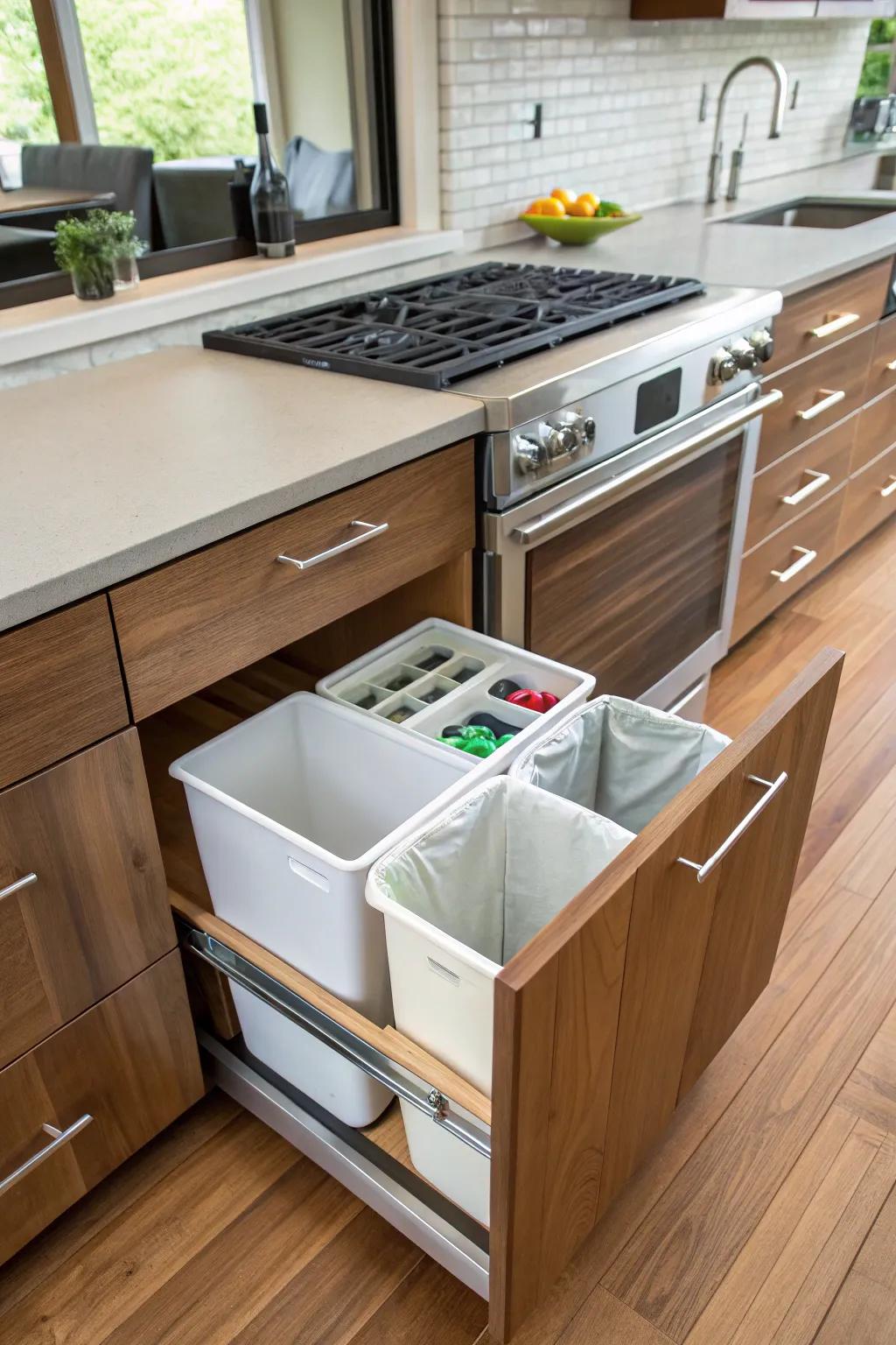Maintain a tidy kitchen with concealed trash and recycling bins inside a drawer.