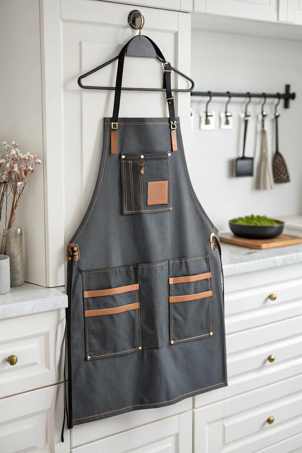 An elegant apron keeps you organized and fashionable in the kitchen.
